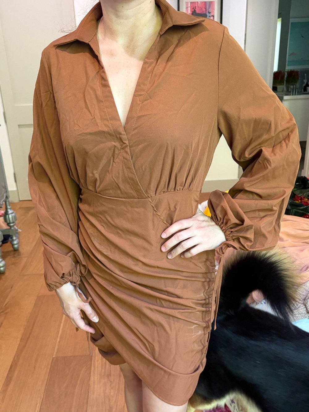 SHEIN Rust Brown Long Sleeve Ruched V-Neck Mini Dress